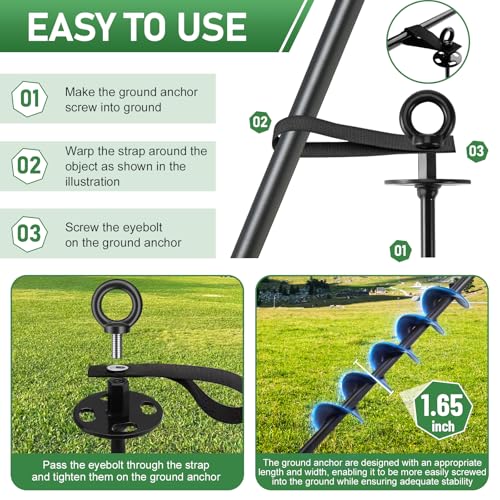 Ground Anchors Screw in - Heavy Duty Trampoline Anchors/Stakes for High Wind, 4 Pack Earth Anchor Kit with Straps and Wrenches for Swing Set, Trampolines, Shed, Mobile Home, Carport, Gazebo