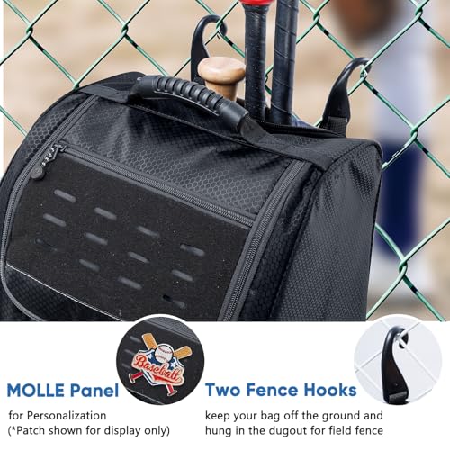 Rolling Baseball Bat Bag with Wheels, Large Capacity Gear Bag Holds 4 Bats, Reinforced Hard Base & Structured Back Panel, Top & Bottom Grab Handles, Shoe & Helmet Compartments for Youth &Adult Players - color: Black