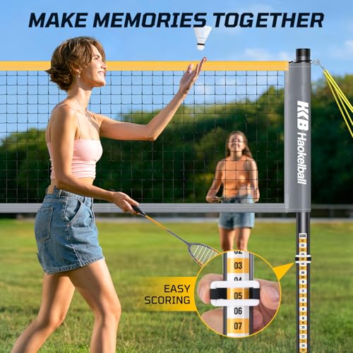 Haokelball Outdoor Badminton Net Set with Anti-Sag Winch System - 20ft Badminton Net, 4 Rackets, 4 Shuttlecocks & Carry Bag, Badminton Set for Backyard, Grass, Beach, Holiday Games - color: Gray