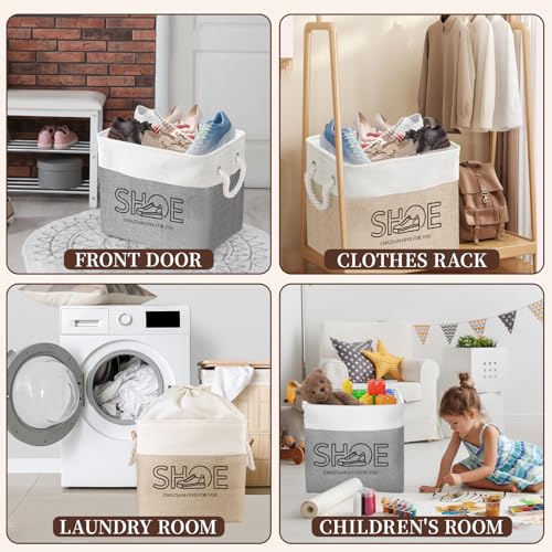 Shoe Basket Organizer, Large Capacity Fabric Entryway Shoe Storage Bin with Handle, Flodable Space-Saving Shoe Basket for Entryway, Hallway, Entryway and Mudroom - color: Khaki, style: Cotton Rope