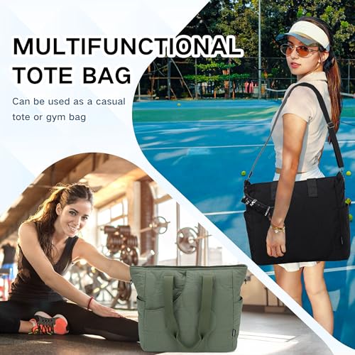 VASCHY Pickleball Tote Bags For Women With Fence Hook, Quilted Puffer Pickleball Paddle Holder Case Gym/Sports Tote - color: Dark Green