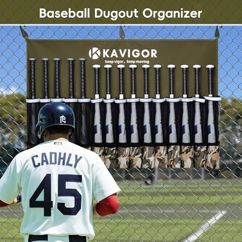KAVIGOR 15-Bat Baseball/Softball Dugout Organizer - 900D Military-Grade Fabric & Reinforced Hooks, Holds Bats/Gloves on Fence - color: Camo Brown