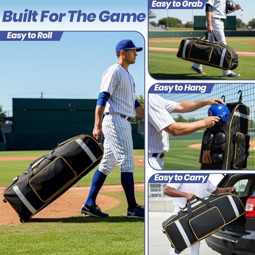 81L Rolling Baseball Bag with Wheels, Softball Catchers Gear Bags for 4 Bats (Fits Up To 34"), Separate Shoe Compartment, Safety Reflective Strip, Fence Hook, Foldable T-Bag for Youth & Adult - color: Black