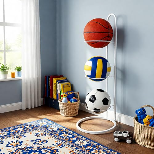 Ball Storage Rack, White Metal, 4-Tier Vertical Organizer for Basketball, Soccer, Volleyball, Sports Equipment Holder (4-Tier) - size: 4-Tier