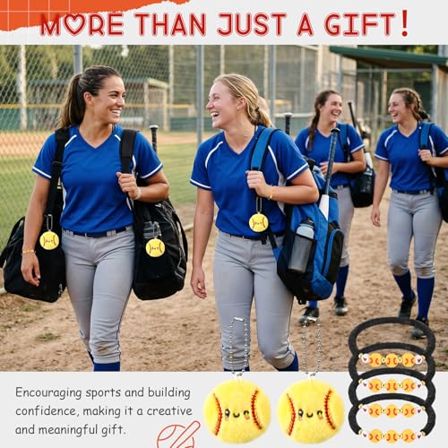 Equsion 24 Packs Softball Gift Bulk Mini Plush Softball Keychain Bead Bracelet with Inspirational Card for Ball Lovers Team Prize Anxiety Relief Sport Party Favors