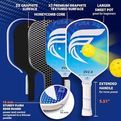 Pickleball Paddle Set of 2 – USAPA Approved Lightweight Graphite Pickleball Rackets with 16mm Honeycomb Core & MaxGrit Spin Surface for Superior Spin & Control – Includes Bag, Balls & Grips