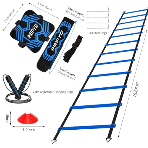 IHEPYQ Soccer Agility Training Equipment Set, 12 Rung 20Ft Agility Ladder, 12 Disc Cones, 4 Steel Stakes, Solo Soccer Trainer, Jump Rope - Speed Training Equipment for Soccer Football Basketball - color: Blue
