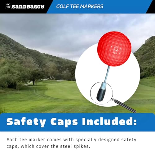 Sandbaggy Plastic Tee Markers for Golf Course (UV Resistant) - Steel Spike - Safety Caps Included - color: Red