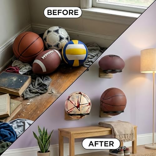 Basketball Holder Wall Mount, Wall Mounted Ball Holder & Soccer Ball Wall Mount, Metal Ball Display Rack for Football, Volleyball, Sports Accessories Organizer