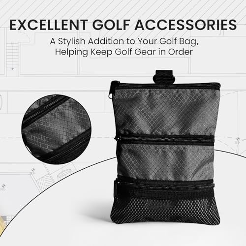 Amy Sport Golf Bag Accessories Valuables Pouch Bags Multi Pocket Zipper Hook with 10 Pcs Wood Golf Tees for Men Women - color: Dark With Brush