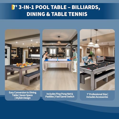 7FT 3-in-1 Pool Table with Dining Top & Table Tennis | Convertible Billiard Table for Home Game Room | Complete Set with Cues, Balls, Ping Pong Paddles, Net & Rolling Storage Caddy | Wood Grain Finish - color: Black 3 in 1