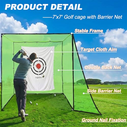 Gagalileo Golf Driving Cage Net: Heavy Duty 1 in Steel Frame - Noise Reduction Target for Backyard Garage Indoor Simulator - 7x7x7 FT High Density Hitting Swing Practice - size: 7x7x7ft without Bottom