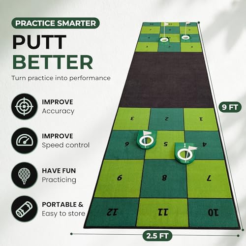 Golf Putting Mat: Indoor Putting Green with 4 Cups and Target Zones - Portable Golf Training Aid and Capture the Cup Putting Game - color: 9ft x 2.5ft Green & Black