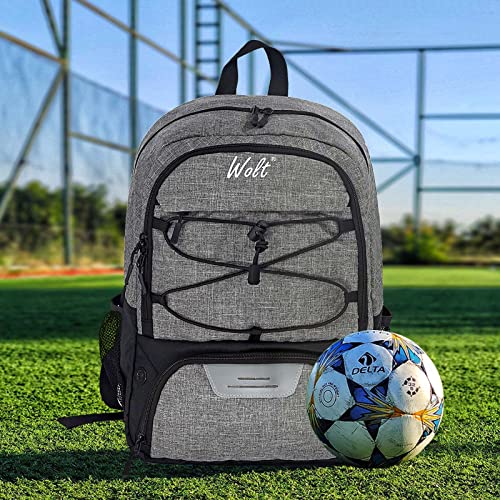 WOLT Soccer Backpack Soccer Bag with Ball Holder & Shoes Compartment, Sport Equipment Bags For Football, Basketball, Volleyball, Gym - color: Grey