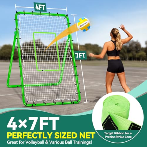 6-Angle Adjustable Volleyball Rebounder Net 7x4ft, High Stable Bounce Back Training Equipment for Practicing Volleying Bumping Spiking with High-Tension Net, PU Volleyball and Pump, Stakes - color: Green