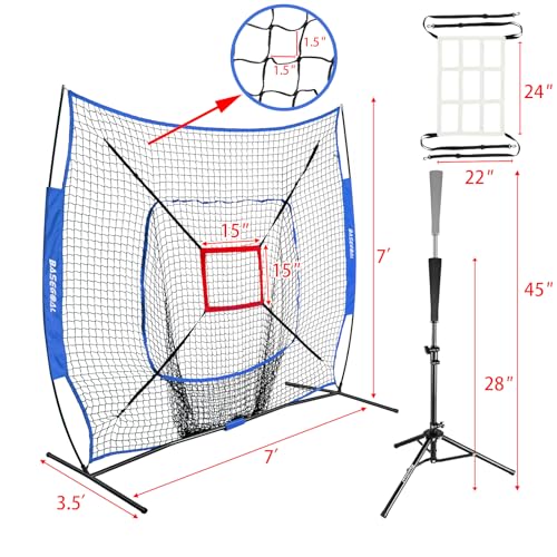 BaseGoal 7'×7' Baseball Softball Practice Net,Baseball Backstop,for Hitting Pitching Batting Catching with Bow Frame,Bonus Strike Zone - style: Blue