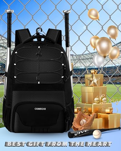 COMECOI Softball Bag, Lightweight Baseball Backpack with Shoes Compartment, Baseball Bat Bags with Fence Hook for TBall Bat & Equipment, for Batting Mitten, Helmet, for Girls, Boys, Youth, Adults - color: Black