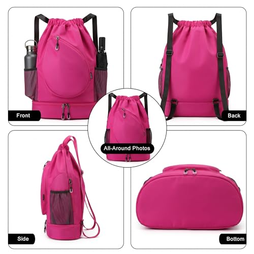 Sports Drawstring Backpack, Badminton Gym Bag Holds 2 Rackets with Shoe Compartment, Off-work, Everyday & Overnight Weekend - color: Fuchsia