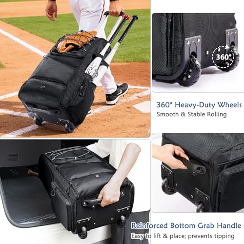 Large Rolling Baseball Catchers Gear Bag with Wheels, Softball Bag with Hard Backing for 4 Bats,Equipment Bag with Separate Shoe & Helmet Compartments, Youth Baseball Bag with 360° Spinner Wheels - color: Black - Style A - Integrated Rolling System, size: