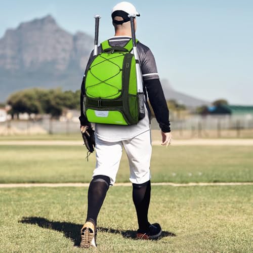 DAFISKY Baseball Bag Softball Backpack - Youth Adult T Ball Bat Equipment Bag with Bat Helmet Holders, Shoe Compartment - color: Green