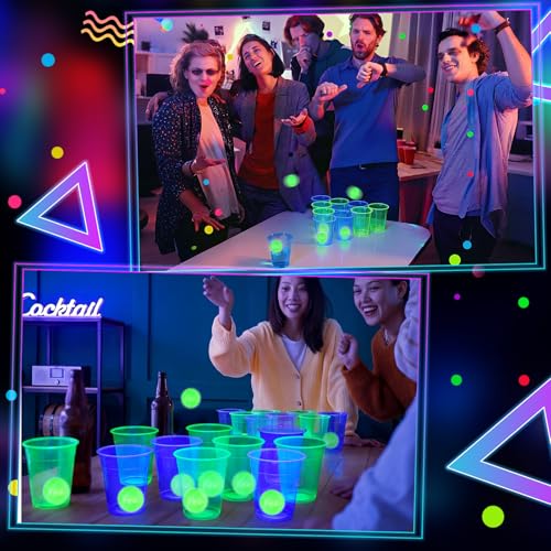 32 Pcs Glow in The Dark Party Table Tennis Game Set Include 24 Pcs Glowing Plastic Cups and 8 Balls for Indoor Outdoor Party Event Birthdays Weddings BBQ Parties - color: Blue and Green