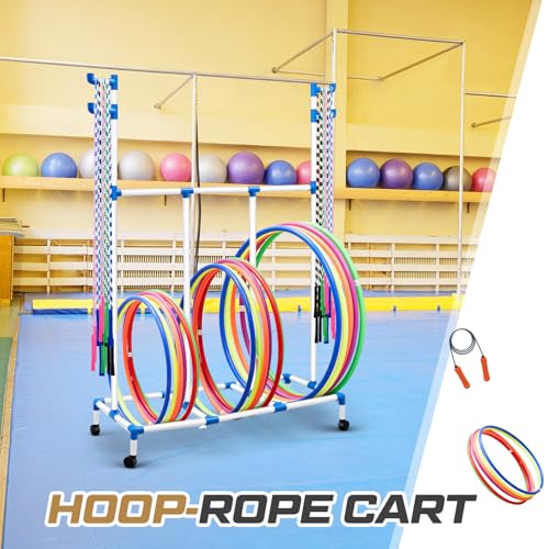 Aurelema Hoop Rope Cart Plastic Hoop Jump Rope Rack Cart with Wheels PE Equipment Rack for Elementary School Primary School Movable Garage Rolling Ball Holder Gym Sports Gear, 48 x 74 x 21.65 Inch