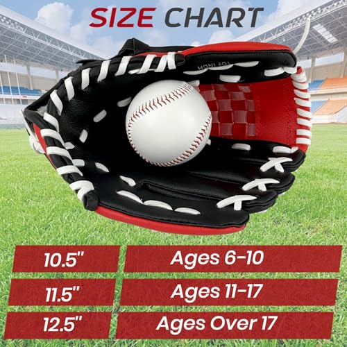 Baseball Glove + Ball Sets, Softball Glove, Baseball Mitt, 10.5''-12.5'' for Youth/Adult Training and Beginner Play, Synthetic Leather Softball Mitt - color: Black,Red, size: 10.5"