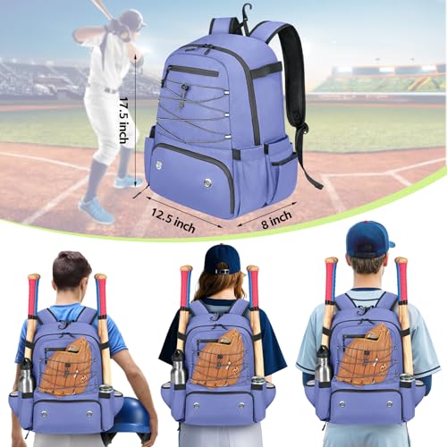 MATEIN Baseball Bat Bag for 4 Bats with Ball Pocket, Lightweight Youth Baseball Backpack with Shoe Compartment, Large Capacity Softball Equipment Bag with Fence Hook for TBall Gear, Helmet, Glove - color: Purple