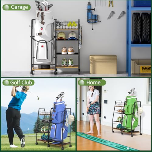 DAOUTIME Golf Bag Garage Storage Rack with Wheels, Organizer for Single Golf Bag and Equipment Accessories, Ideal for Home, Garage, Club, Shed, Basement - Sturdy Wood and Metal Construction (Black)