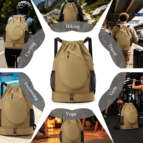 Sports Drawstring Backpack, Badminton Gym Bag Holds 2 Rackets with Shoe Compartment, Off-work, Everyday & Overnight Weekend - color: Khaki