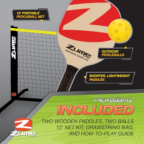 Zume Games Pickleball Set – Complete Portable Pickleball Kit with 12' Net, 2 Wooden Paddles, 2 Balls & Carry Case – Beginner-Friendly Outdoor Game for Driveways, Parks, Tailgates & Backyard Fun