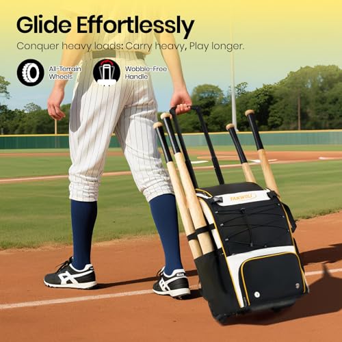 Leather Rolling Baseball Bag - Youth Softball Bag with Wheels for Boys Girls - Rain Cover & Mud Guard for Clean Car - Premium 4-Bat Tournament Roller - Large Equipment Organizer