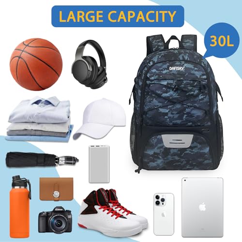 DAFISKY Basketball Backpack, Basketball Bag with Ball Holder Shoes Compartment, Sports Equipment Bag for Soccer Ball, Volleyball - color: CamoBlue