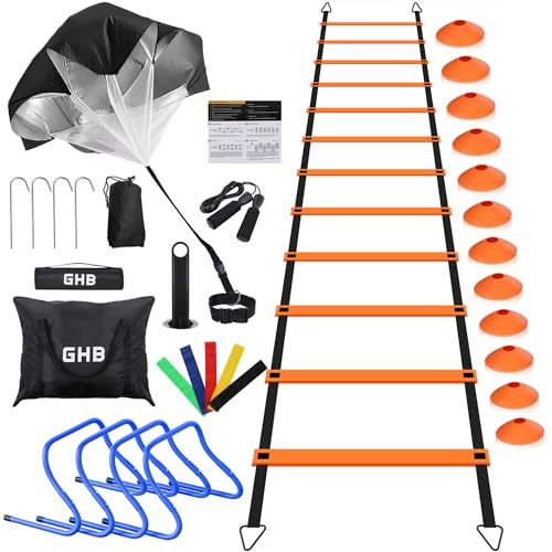 GHB Agility Ladder,Football Training Equipment Set,4 Agility Hurdles, 20 feet12 Rungs Speed Ladder,12 Disc Cones,Resistance Parachute, Jump Rope, 5 Resistance Bands - color: Orange