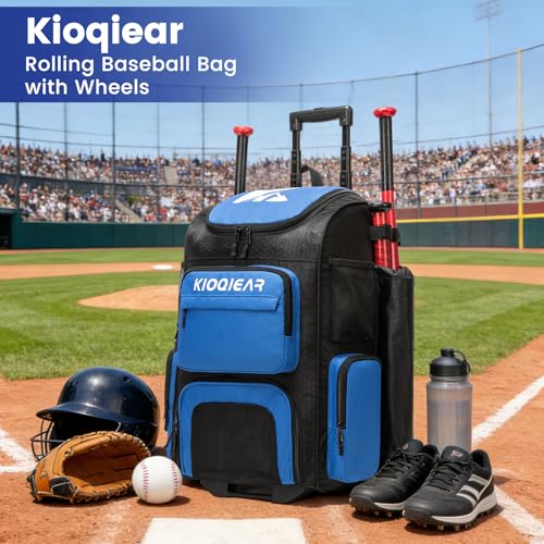 Rolling Baseball Bag with Wheels,Large Softball Bag with Fence Hook for 4 Bats & Equipment,Lightweight Baseball Bat Bag with Shoe Compartment. - color: Blue