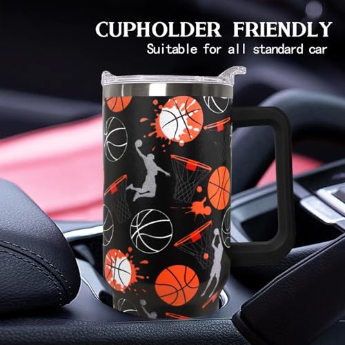 Ceovfoi 40 oz Basketball Coffee Mug Cup Vacuum Insulated Travel Tumbler with Handle Lid and Straw,Basketball Coach Gifts,Accessories Stuff - color: Basketball