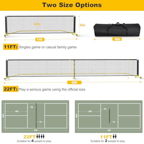 Portable Pickleball Net with Wheels, Regulation Size 22 FT & Half Court 11 FT, Steady Metal Frame for Backyards, Driveways, and Garages (Black&Yellow)