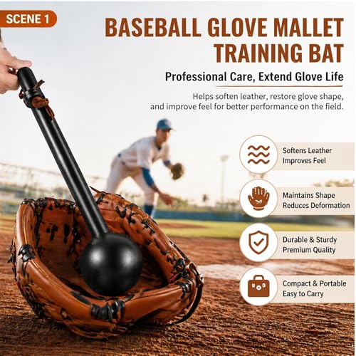 Hollowfly Baseball & Softball Glove Mallet-12 Inch Wooden Hammer with Leather Rope, Durable Glove Pocket Break-in Tool