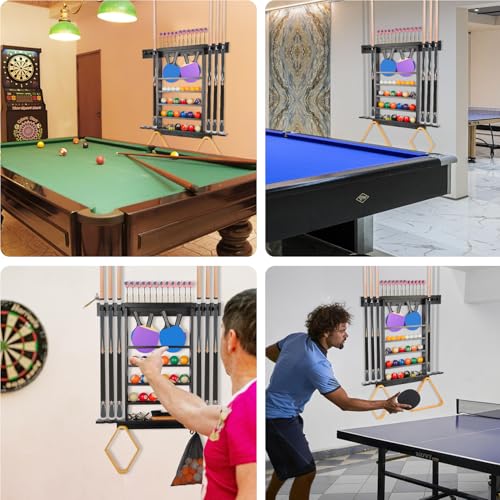 Large Pool Stick Holder Wall Mount, Billiards Pool Cue Rack Ping Pong Paddle Holder, Dart Holder 3-IN-1, Wood Pool Cue Holder Pool Table Accessories Equipment Organizer for Game Room Men Cave- Black - size: Large