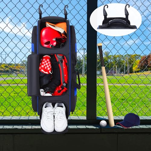 Rolling Baseball Bag with Wheels, Large Catchers Gear Bag for 4 Bats and Equipment,Separate cleats Compartment, Multi-Pockets & Fence Hook, Portable Softball Baseball Bat Bags for Youth Adult