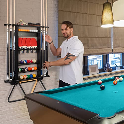 XCSOURCE Pool Stick Holder - 2-IN-1 Pool Cue & Ping Pong Paddle Rack, Solid Pine Wood Wall Mount for Billiards and Table Tennis Accessories, Man Cave, Game Room - color: 2-IN-1 Black