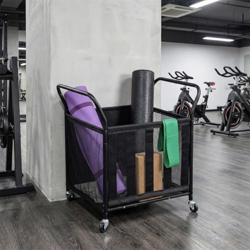 MyGift Mesh Fabric Multi Sports Ball Storage Rolling Cart with Matte Black Metal Frame, and Angled Handles, Garage, Gym or Playground Basketball, Soccer Ball Cage Equipment Basket with Caster Wheels