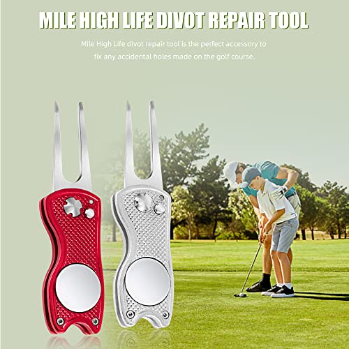 Mile High Life Golf Divot Repair Tool, All Metal Foldable Divot Tool with Pop-up Button & Magnetic Ball Marker, 2-6 Pack - color: Red, Sliver