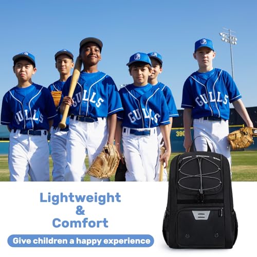 KAVIGOR Youth Baseball Bag, Softball Bag for Girls & Boys, Kids Tball Backpack with Shoes Compartment - color: Black