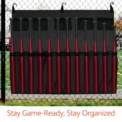 Hanging 12 Bats Baseball/Softball Dugout Organizer, Hanging Bat Bag, 600D Oxford Fabric with Reinforced Fence Hook, Baseball Coaching Accessorie