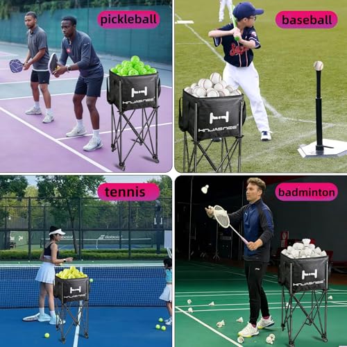 Foldable Adjustable Tennis Ball Hopper, Large Capacity Basket Holds 200 Balls, Upgraded Pickleball Caddy with Multifunction Pockets and Wheels for Training and Teaching
