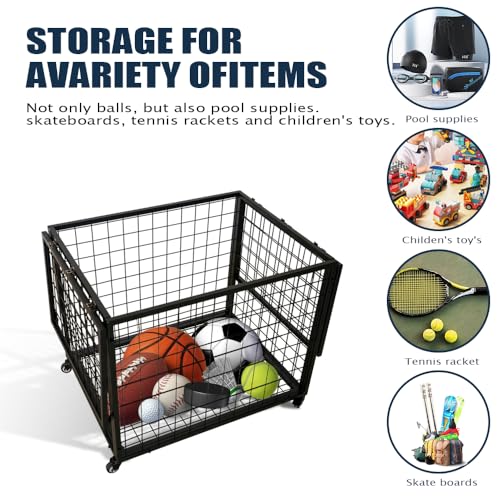 Yeeoy Rolling Sports Ball Storage Cart, Multi Large Sports Equipment Organizer Holder with Lockable Lid, Indoor Outdoor Ball Cage Bin Sport Rack for Gym, School, Club