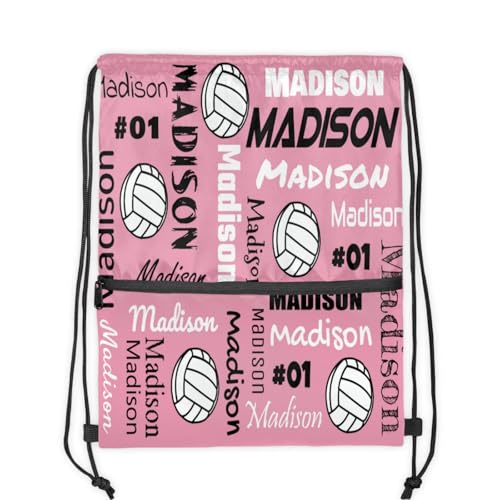 Custom Volleyball Style Drawstring Bag, Personalized Sports Ball Backpack Drawstring Sack Cinch Bags for Team Gift Party Favors, Light Pink - color: Deep Red
