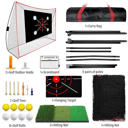 Golf Net, 10x7FT with Golf Practice Mat, Hitting Aid Net with Multi Targets Training for Backyard Driving Chipping Indoor Outdoor Use, 7-Ply Anti-Tear Netting & Carry Bag, Gifts for Men Dad Him Golfer