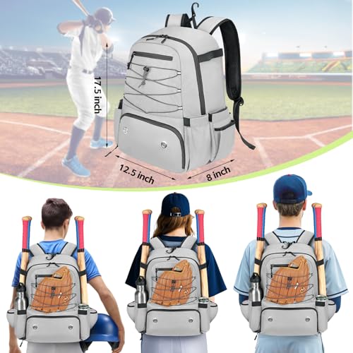 MATEIN Baseball Bat Bag for 4 Bats with Ball Pocket, Lightweight Youth Baseball Backpack with Shoe Compartment, Large Capacity Softball Equipment Bag with Fence Hook for TBall Gear, Helmet, Glove - color: Grey